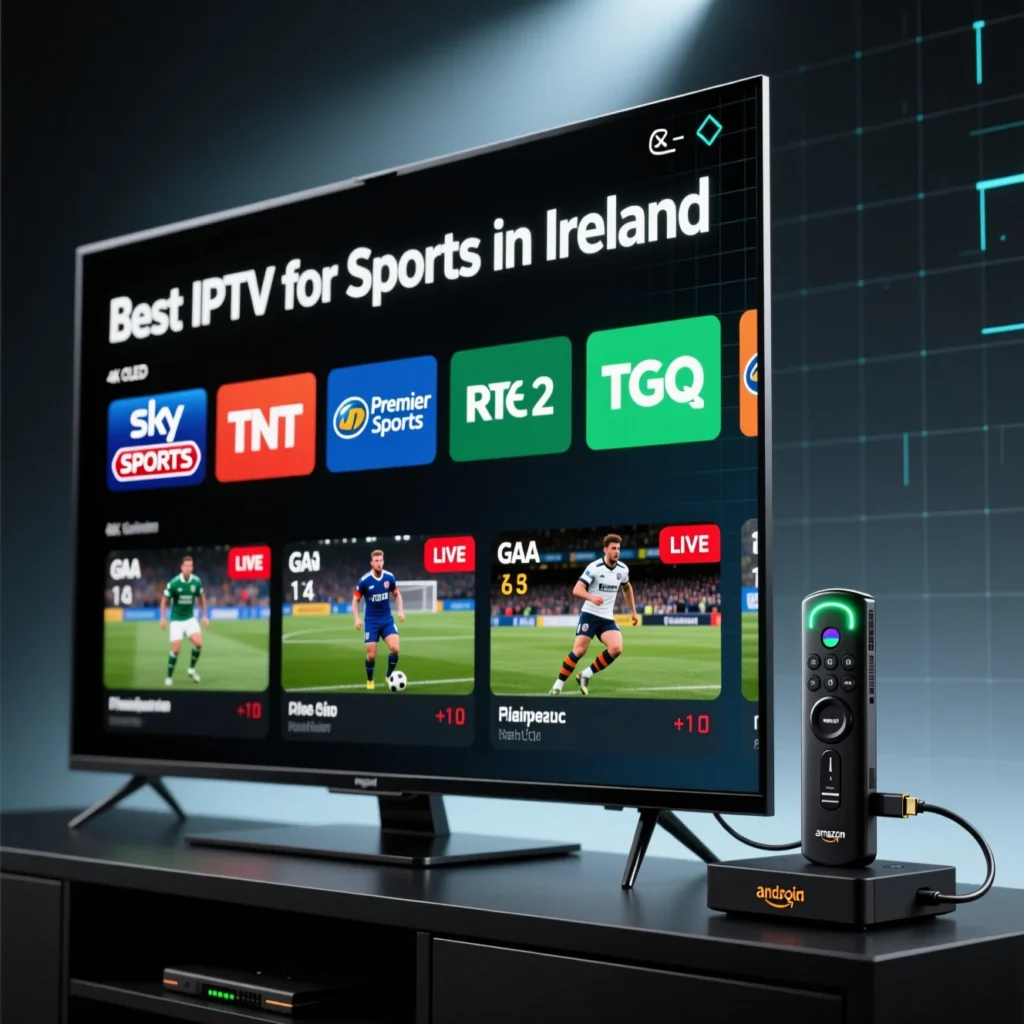 Best IPTV for Sports in Ireland 4K TV interface showing Sky Sports, TNT Sports, Premier Sports, RTÉ 2 and TG4 live channels.