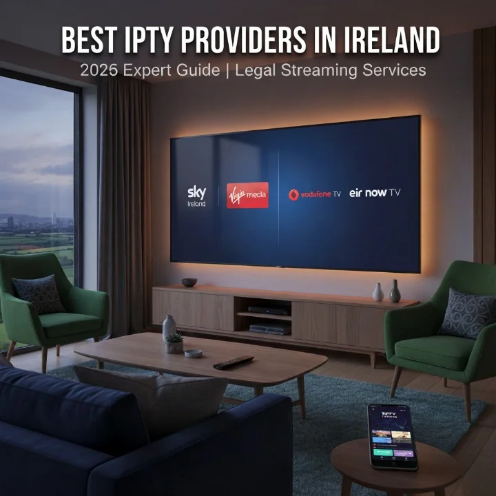 Best IPTV Providers in Ireland 2026 comparison showing Sky, Virgin Media, Vodafone, eir TV and Now TV on modern smart TV screen