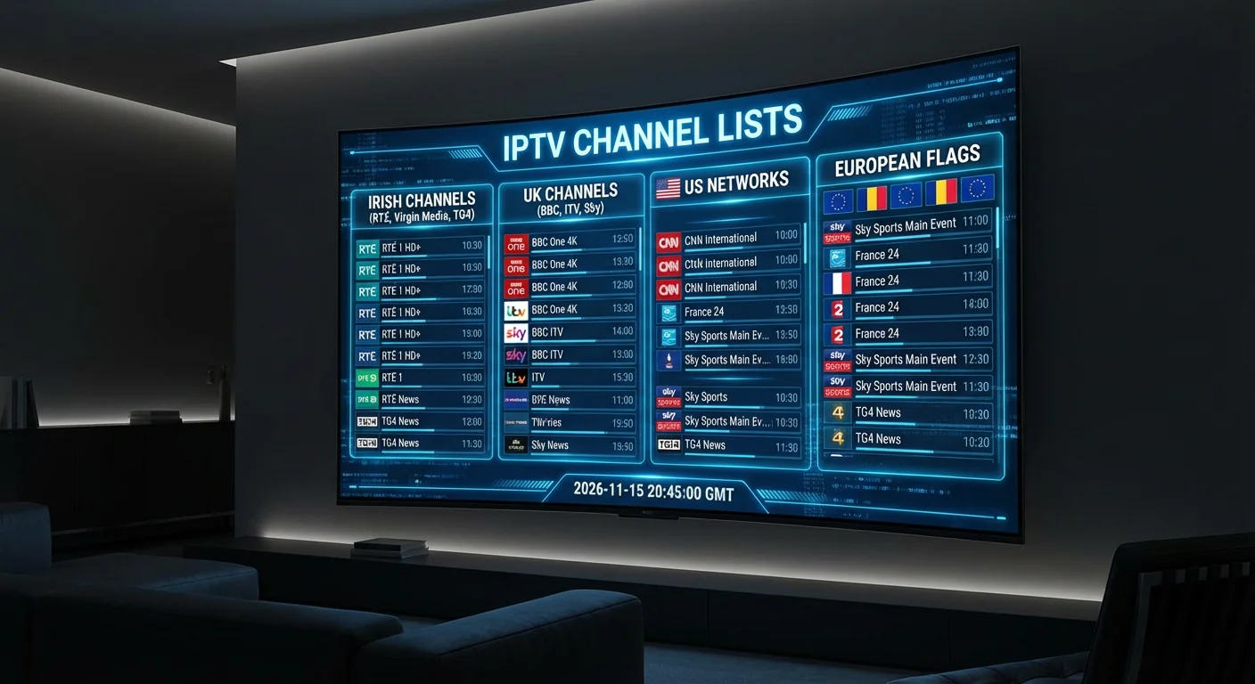 Cinematic IPTV Channel Lists 4K TV screen showing Irish, UK, US and international channel groups in a modern EPG grid.