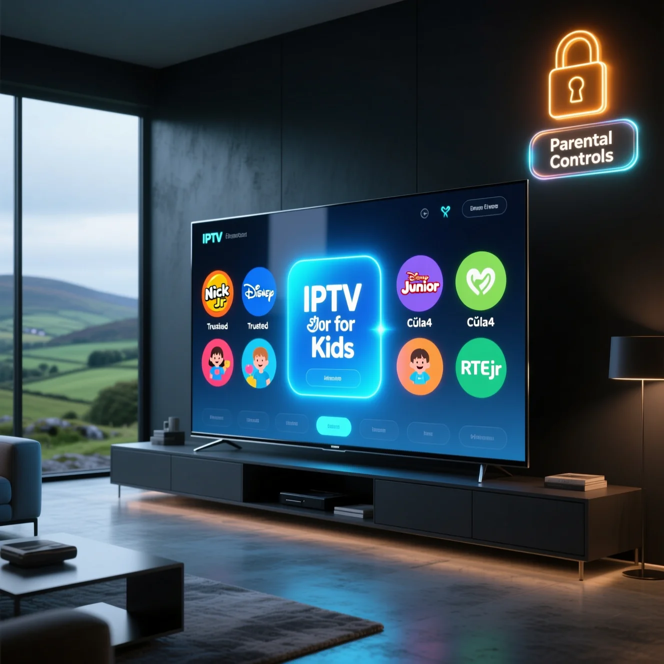 Cinematic IPTV for Kids 4K smart TV dashboard with kids profile, Irish cartoon channels and parental controls lock icon.