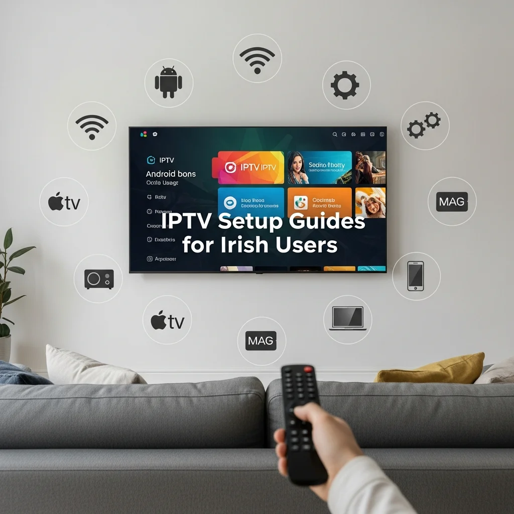 Modern Irish living room with smart TV showing an IPTV interface and multiple connected devices, illustrating IPTV Setup Guides for Irish Users in 2026
