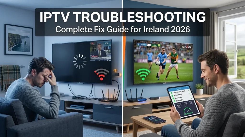 IPTV Troubleshooting guide showing before and after comparison - frustrated viewer with buffering TV screen transforms to satisfied viewer with clear streaming, with bold text overlay reading IPTV Troubleshooting for Ireland 2026