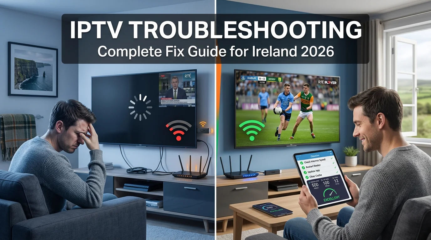 IPTV Troubleshooting guide showing before and after comparison - frustrated viewer with buffering TV screen transforms to satisfied viewer with clear streaming, with bold text overlay reading IPTV Troubleshooting for Ireland 2026
