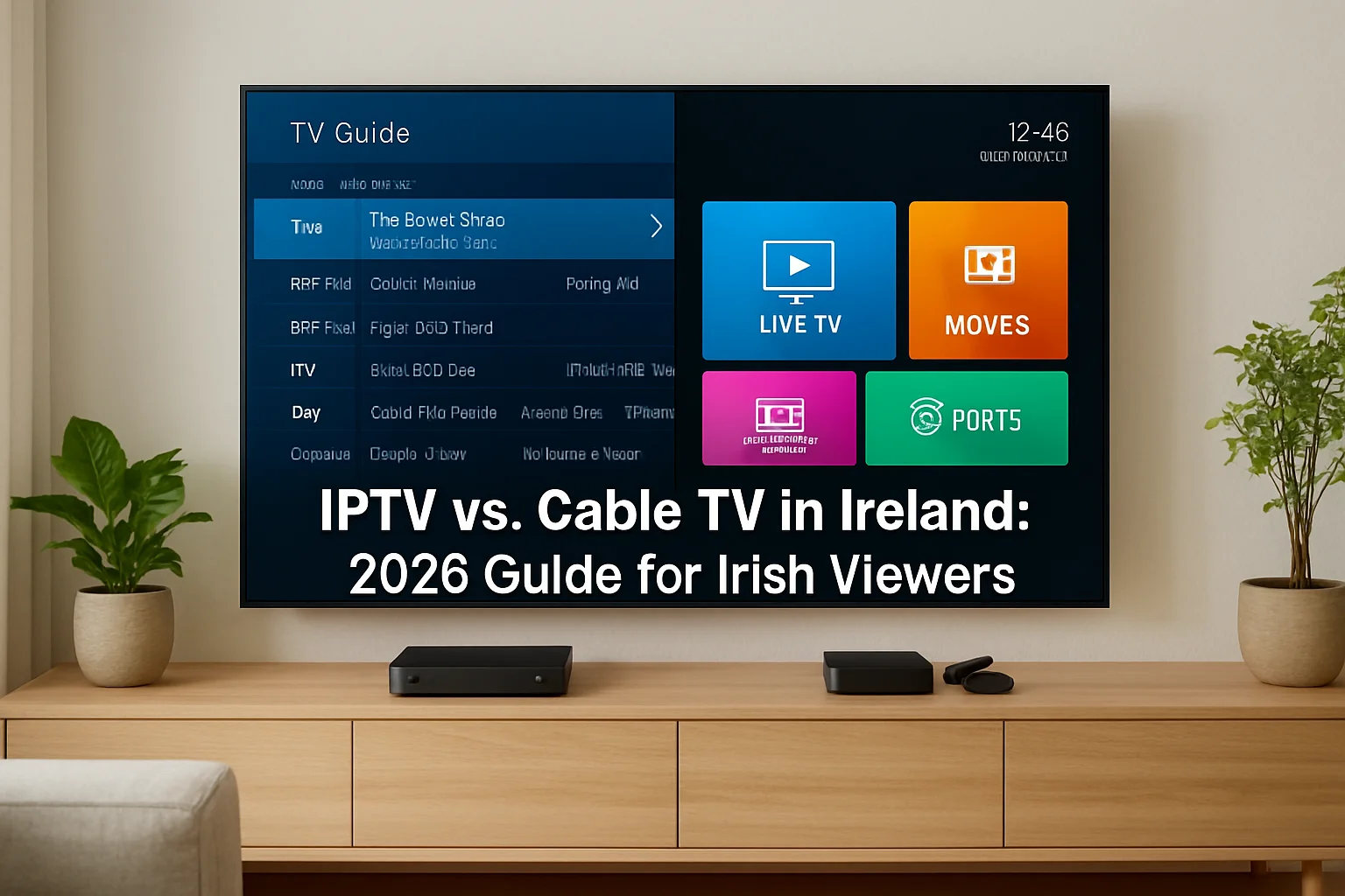 Living room TV screen split between a classic cable box interface and a modern IPTV app, visually comparing IPTV vs. Cable TV in Ireland in 2026

