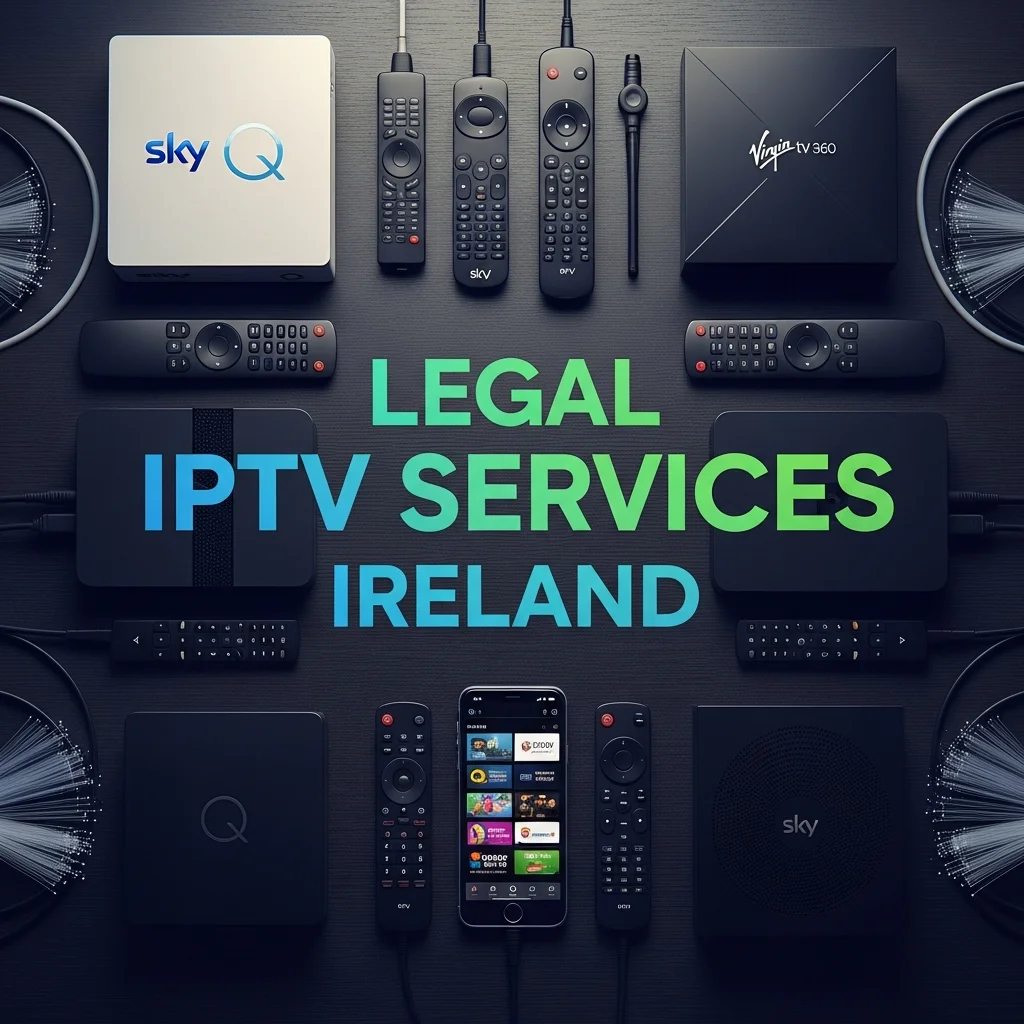 Legal IPTV services Ireland comparison showing Sky Q box, Virgin Media TV 360 box, and streaming devices on wooden surface with fiber optic cables and smartphone displaying IPTV app interface
